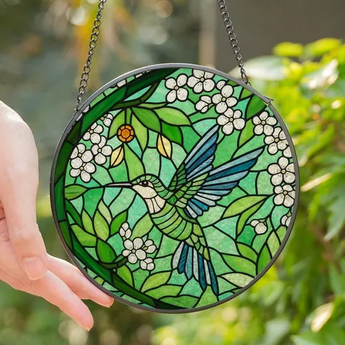 Nature Lovers' Intricate Tiffany Stained Glass Hummingbird Garden Mosaic Jewel Tone Design Stained Glass Suncatcher