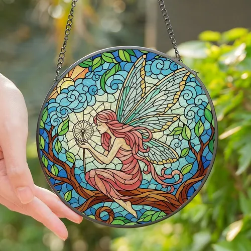 Fantasy Art Lovers' Tiffany Stained Glass Fairy Dandelion Tree Blue Green Pink Orange Mosaic Stained Glass Suncatcher