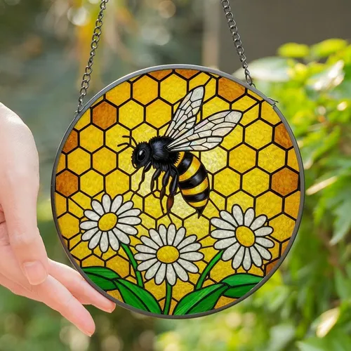 Nature Lovers' Vibrant Stained Glass Black Yellow Honeybee White Daisy Golden Honeycomb Mosaic Stained Glass Suncatcher