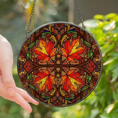 Autumn Enthusiasts' Intricate Tiffany-Style Stained Glass Autumn Leaf Mosaic Fiery Red Orange Yellow Brown Stained Glass Suncatcher