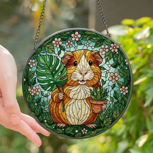 Guinea Pig Lovers' Glowing Tiffany Stained Glass Guinea Pig Monstera Succulent Jewel Tone Garden Art Stained Glass Suncatcher