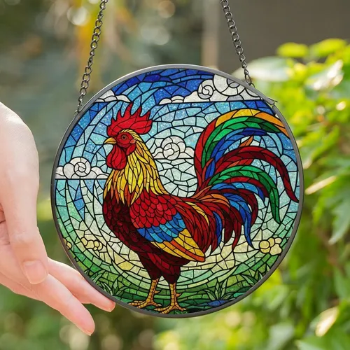 Stained Glass Art Enthusiasts' Vibrant Proud Rooster Tiffany Mosaic Jewel Tone Pattern Stained Glass Suncatcher