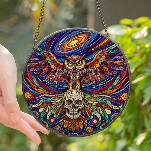 Art Lovers' Intricate Stained Glass Owl & Skull Cosmic Jewel Tones Stained Glass Suncatcher