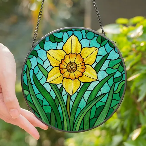 Nature Lovers' Vibrant Tiffany Stained Glass Daffodil & Emerald Green Leaf Mosaic Art Stained Glass Suncatcher