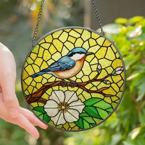 Nature Lovers' Glowing Stained Glass Blue Bird White Flower Golden Yellow Lime Green Mosaic Stained Glass Suncatcher