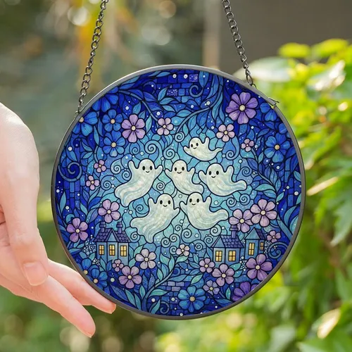 Whimsical Decor Enthusiasts' Intricate Stained Glass Glowing Ghosts Enchanted Forest Indigo Cerulean Stained Glass Suncatcher