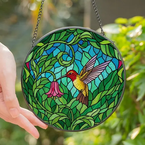Nature Lovers' Intricate Hummingbird Pink Flower Tiffany Stained Glass Jewel Tone Mosaic Stained Glass Suncatcher