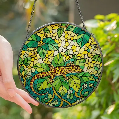 Reptile Enthusiasts' Vibrant Leopard Gecko Stained Glass Mosaic Art, Emerald Teal Yellow Foliage Stained Glass Suncatcher
