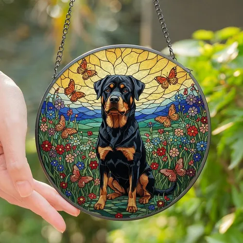 Rottweiler Lovers' Tiffany Stained Glass Black Tan Dog Vibrant Meadow Butterfly Art Stained Glass Suncatcher