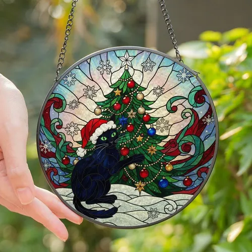 Christmas Cat Lovers' Vibrant Stained Glass Black Cat Christmas Tree Winter Mosaic Art Stained Glass Suncatcher