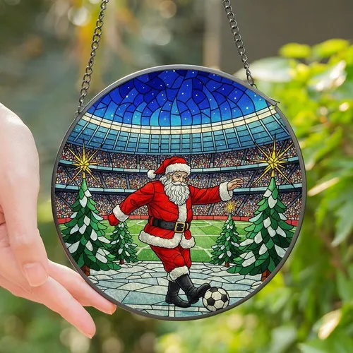 Holiday Soccer Fans' Vibrant Stained Glass Santa Kicking Ball Christmas Stadium Mosaic Art Red Blue Gold Stained Glass Suncatcher