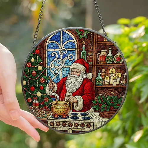 Christmas Lovers' Detailed Stained Glass Santa Stirring Pot, Holiday Mosaic Pattern, Tiffany Jewel Tones Red Gold Green Blue Stained Glass Suncatcher