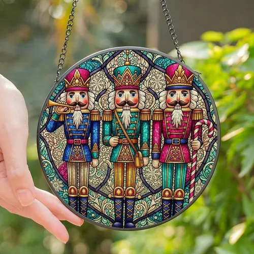 Holiday Art Lovers' Intricate Tiffany Stained Glass Nutcracker Soldiers Jewel Tone Mosaic Stained Glass Suncatcher