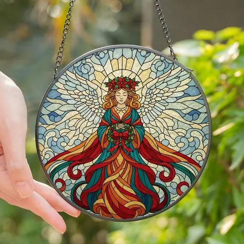 Christmas Enthusiasts' Stained Glass Angel: Tiffany Style Teal Red Orange Jewel Tones, Holly Poinsettia Crown, Celestial Sky Mosaic Stained Glass Suncatcher