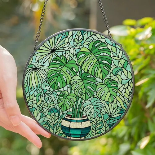 Nature Lovers' Emerald Teal Stained Glass Monstera Botanical Mosaic Art Stained Glass Suncatcher
