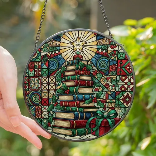 Book Lovers' Tiffany Stained Glass Christmas Book Tree with Jewel Tones and Mosaic Holly Stained Glass Suncatcher