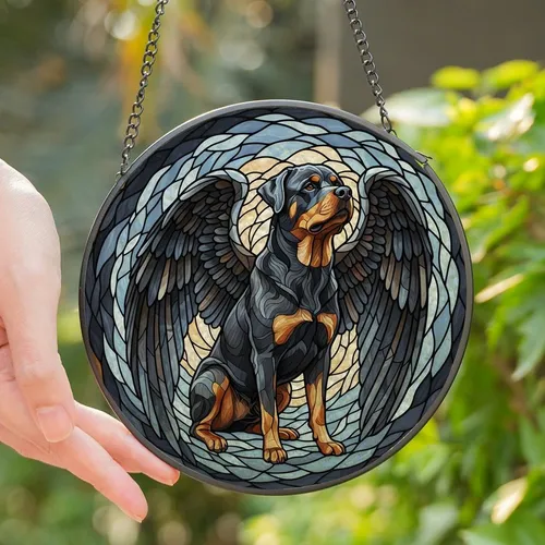 Rottweiler Lovers' Majestic Winged Stained Glass Art: Tiffany Style Charcoal Grey, Amber & Blue Mosaic Pattern Stained Glass Suncatcher