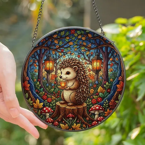 Whimsical Art Lovers' Tiffany Style Stained Glass Hedgehog Teacup Enchanted Forest Mosaic Jewel Tones Stained Glass Suncatcher