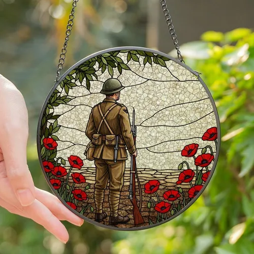 Remembrance Art Collectors' Contemplative WWI Soldier Stained Glass, Scarlet Poppies, Tiffany Mosaic Art Stained Glass Suncatcher