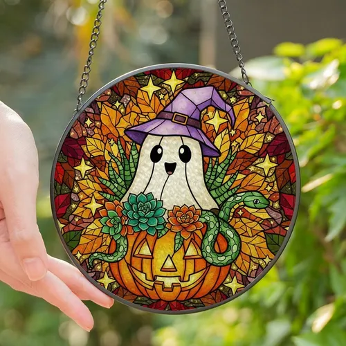 Halloween Lovers' Whimsical Stained Glass Ghost Pumpkin Succulent Snake Teal Orange Purple Autumn Stars Mosaic Stained Glass Suncatcher