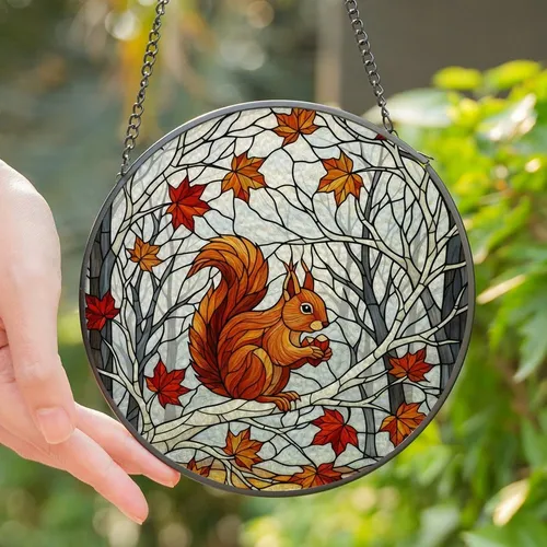 Nature Lovers' Tiffany Stained Glass Squirrel Winter Forest Mosaic Russet Orange Amber Autumn Leaves Stained Glass Suncatcher