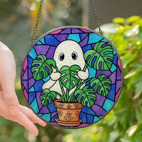 Whimsical Art Enthusiasts Glowing Jewel Tone Stained Glass Shy Ghost Monstera Geometric Mosaic Stained Glass Suncatcher