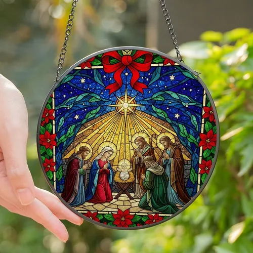 Faithful Christmas Lovers' Tiffany Stained Glass Nativity Ruby Red Poinsettia Emerald Green Mosaic Stained Glass Suncatcher