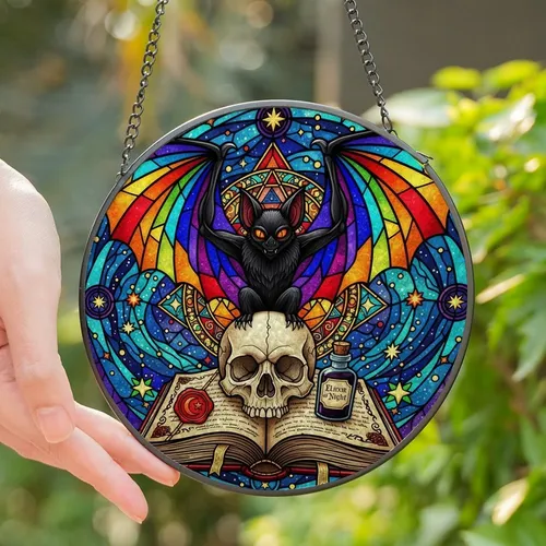 Art & Lore Enthusiasts' Tiffany Stained Glass Bat Skull Celestial Arcane Mosaic Jewel Tones Stained Glass Suncatcher