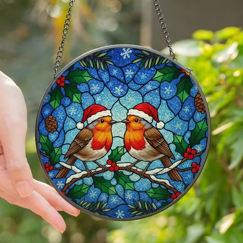 Holiday Enthusiasts' Vibrant Stained Glass Robin Redbreasts Santa Hats Holly Berry Winter Mosaic Stained Glass Suncatcher