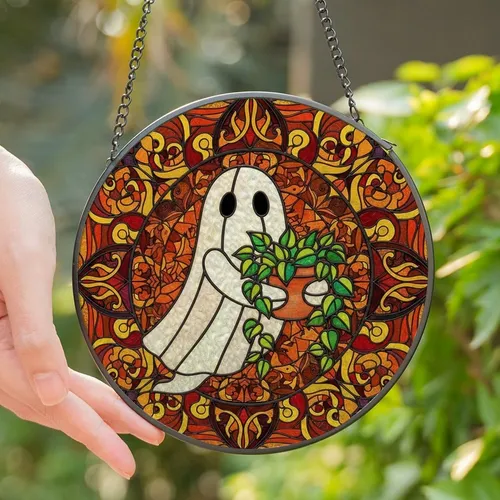 Fall Lovers' Iridescent Ghost Tiffany Stained Glass Emerald Terracotta Autumn Leaves Mosaic Stained Glass Suncatcher