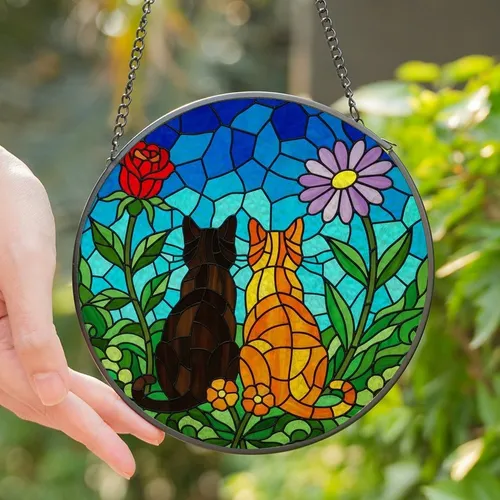 Cat Lovers' Tiffany Stained Glass Black & Orange Cats, Rose & Daisy Floral Mosaic Stained Glass Suncatcher
