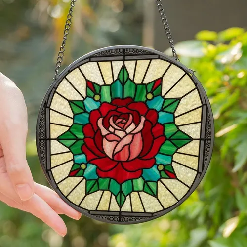 Art Lovers' Luminous Stained Glass Crimson Rose Emerald Teal Geometric Halo Design Stained Glass Suncatcher