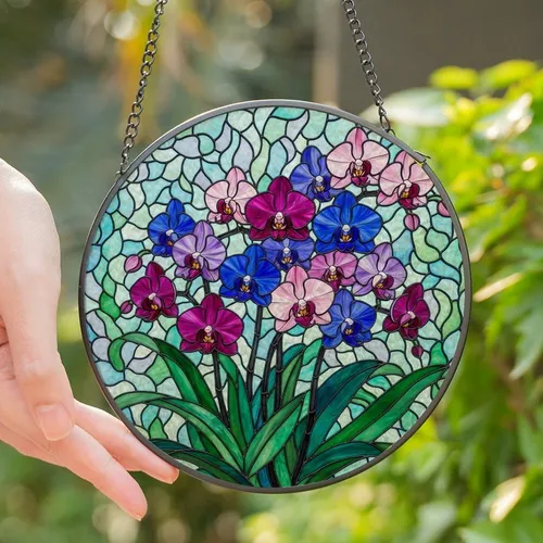 Art Enthusiasts' Tiffany Style Orchid Jewel Tone Magenta Royal Blue Mosaic Design Stained Glass Suncatcher