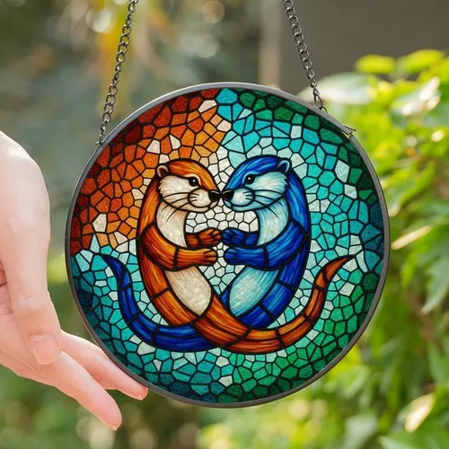 Nature Lovers' Nuzzling Otters Tiffany Style Stained Glass Orange Blue Teal Geometric Mosaic Design Stained Glass Suncatcher