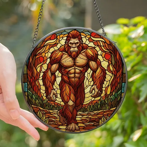 Bigfoot Admirers' Glowing Tiffany Style Bigfoot Striding Forest Mosaic Rich Earth Tones Stained Glass Suncatcher