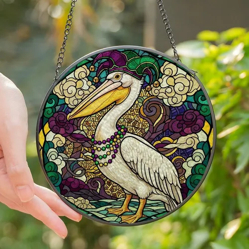 Mardi Gras Celebrants' Tiffany Style Pelican Jester Hat Purple Green Gold Stained Glass Mosaic Stained Glass Suncatcher