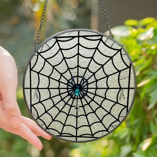 Gothic Art Fans' Tiffany Style Spiderweb Teal Gem Crystal Stained Glass Mosaic Stained Glass Suncatcher