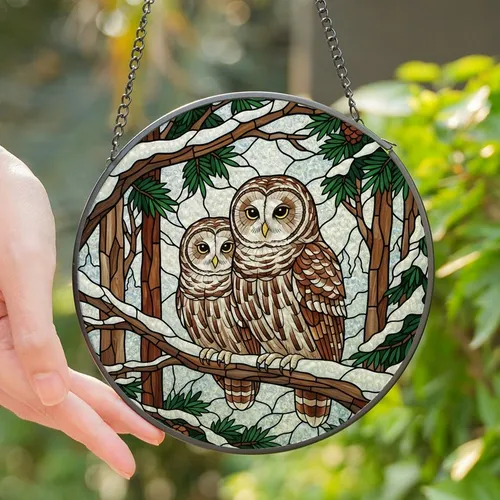 Nature Lovers' Snuggled Barred Owls Stained Glass Mosaic Winter Forest Art, Earthy Jewel Tones Stained Glass Suncatcher