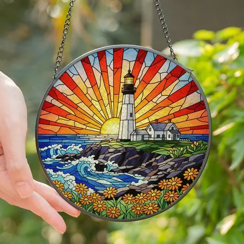 Coastal Art Lovers' Vibrant Tiffany Stained Glass Lighthouse Sunset Ocean Mosaic with Glowing Lamp and Wildflowers Stained Glass Suncatcher