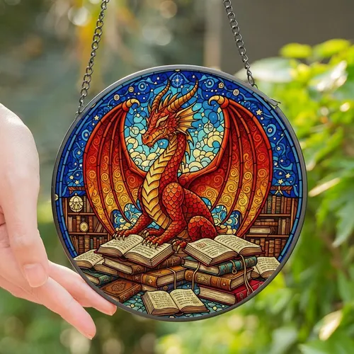 Dragon & Book Lovers' Fiery Stained Glass Dragon Arcane Library Celestial Jewel Tone Design Stained Glass Suncatcher
