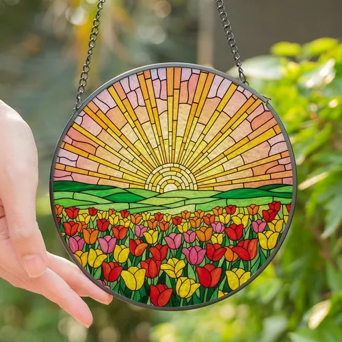 Art Enthusiasts' Jewel Tone Stained Glass Blooming Tulips Radiant Sunset Mosaic Stained Glass Suncatcher