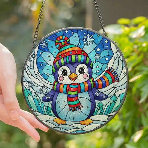 Cute Animal Lovers' Tiffany Stained Glass Penguin Winter Wonderland Jewel Tones Stained Glass Suncatcher