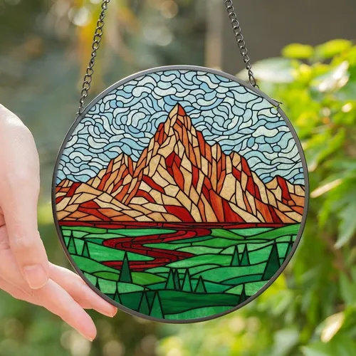 Nature Lovers' Detailed Stained Glass Mountain Landscape Emerald Green Sky Blue Terracotta Jewel Tones Stained Glass Suncatcher