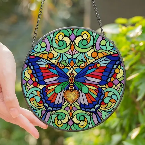 Art Lovers' Tiffany Stained Glass Butterfly Mosaic Jewel Tones, Swirling Patterns & Sentimental Heart Motif Stained Glass Suncatcher