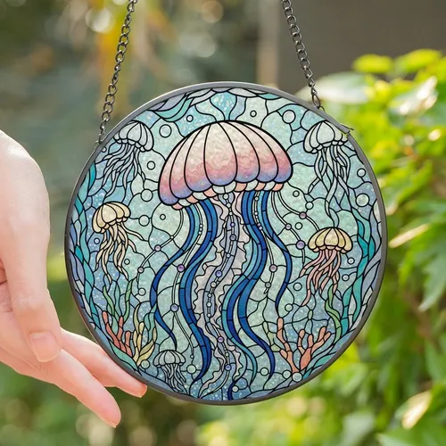 Art Enthusiasts' Tiffany Stained Glass Iridescent Pink Aquamarine Jellyfish Amethyst Sapphire Ocean Mosaic Stained Glass Suncatcher