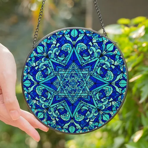 Design Enthusiasts' Intricate Tiffany Blue Geometric Interlocking Star Mosaic Stained Glass Suncatcher
