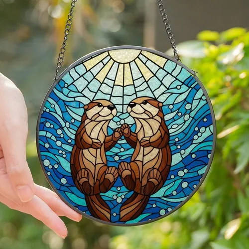 Wildlife Art Aficionados' Intricate Tiffany Stained Glass Playful Otters Sunburst Mosaic Teal Azure Brown Design Stained Glass Suncatcher