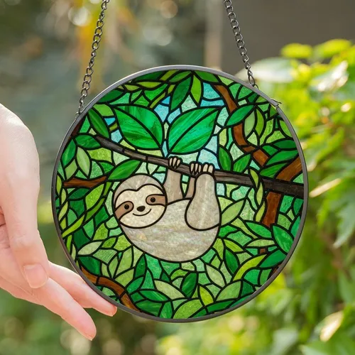 Sloth Lovers' Cute Iridescent Tiffany Stained Glass Jungle Mosaic Emerald Cerulean Stained Glass Suncatcher