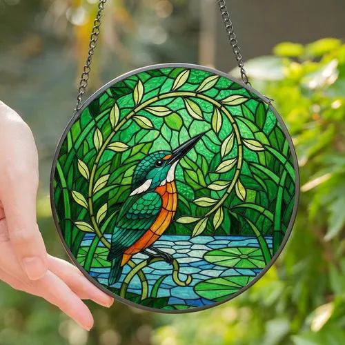 Nature Lovers' Graceful Tiffany Stained Glass Kingfisher Art, Emerald Orange Teal Water Mosaic Stained Glass Suncatcher