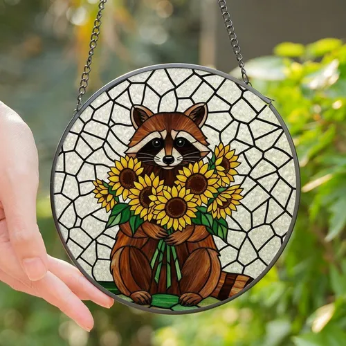 Wildlife Art Enthusiasts' Tiffany Style Raccoon Sunflower Jewel Tone Mosaic Stained Glass Suncatcher
